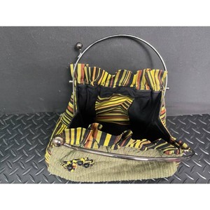 Striped Corduroy Metal Frame Handbag with Floral Appliqus