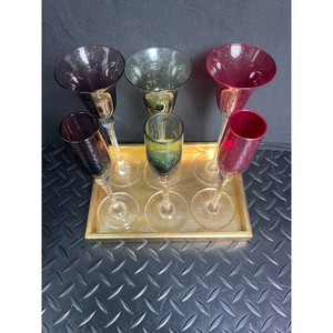 Colored Cut Glass Champagne Flutes with Tray, 5 Pieces