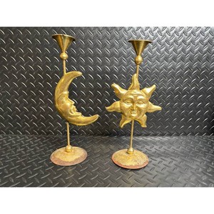 Vintage Celestial Sun & Moon Taper Candle Holders Pair Gold Metal Boho Gothic Decor