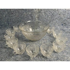 Pressed Clear Glass Serving Set � Floral Pattern Bowl, Cups & Plates