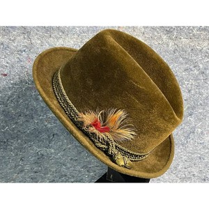 Olive Green Felt Fedora Hat with Braided Band and Feather Trim