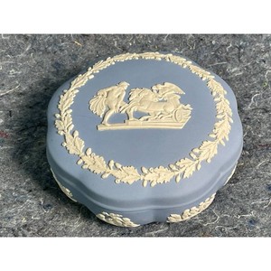 Blue Gray Ceramic Trinket Box with Laurel Wreath and Chariot Relief