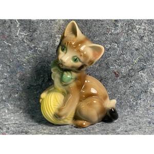 Brown Yellow Glazed Ceramic Cat Figurine with Decorative Base
