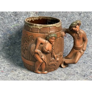Brown Ceramic Figural Barrel Mug with Handle, Signed