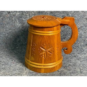 Natural Wood Carved Beer Stein Tankard with Lid and Handle