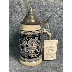Blue and White Ceramic Old German Beerstein Stein with Hinged Lid