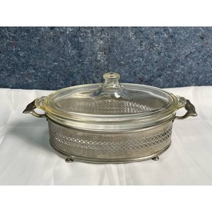 Clear Glass Metal Tureen with Lid and Ornate Base - Vintage Serving Dish Set