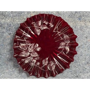 Cranberry Red Glass Platter with Leaf Motif � Sunburst Design by J. Schmott