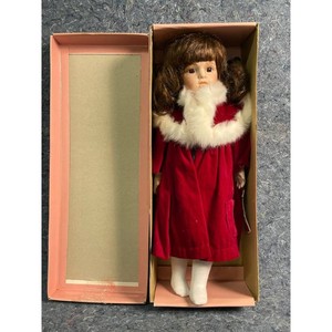 Vintage Doll in Red Velvet Coat with White Fur Collar and Socks