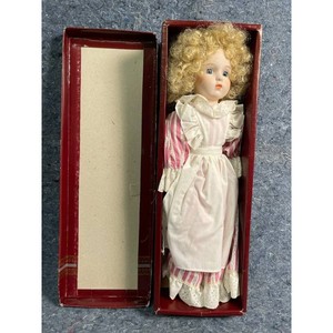 Vintage Blonde Porcelain Doll in Box with Pink Striped Dress & Accessories Set