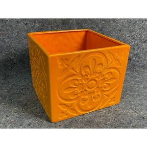 Bright Orange Glazed Ceramic Planter Dish with Floral Relief Pattern