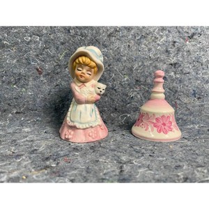 Pink Ceramic Girl and Bell Figurine Set, 2 Pieces