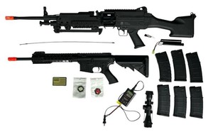 Airsoft Machine Gun Lot - FN Herstal M249/MK46 Series Electric Airsoft Light Machine Gun / CYMA M4 Carbine with 10" Keymod Handguard / M4 Midcap Magazines Plus Accessories in Good Working Condition