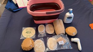 Body Sponges, Loofahs, Handy Collapsible Plastic Soaking Bin, Cetaphil Skin Cleanser and Olay Face Brush