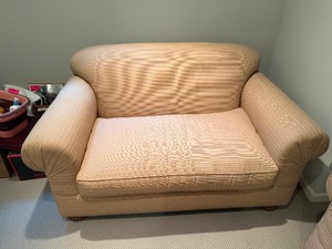 Cream Striped Love Seat, Feet are Wheeled