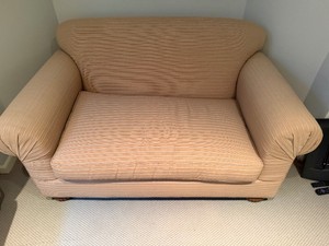 Cream Striped Love Seat, Feet are Wheeled