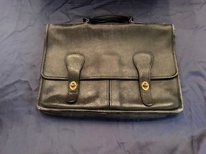 Vintage Black Leather Coach Briefcase (in very good to excellent condition) with Dual Front Flap Pockets and Gold-Tone Turn-Lock Closures