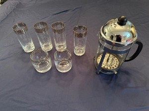 BonJour 12 Cup Monet French Press, Glass Bar Ware Gold Rim Leaf Design - Four Large, Two Small