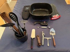 Kitchen Tools with Utensil Holder, Sink Draining Bin, Weber and Watkins OvenGrill Mits