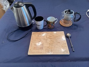 New Cutting Board (in wrap), Hamilton Beach 1.7 Liter Stainless Steel Electric Kettle, Tea Press, Vintage Tea Strainer, Tea Cups