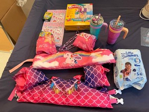 Kids Fun Set - Two Swim Vests (Size 3-6), Huggies Little Swimmers, Water Tumblers, Playdoh Rainbow Swirl Ice Cream Playset, Coloring Books and Crayons