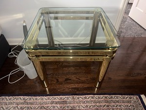 Pair of Hollywood Regency Style Gold Brass and Glass End Tables 26 x 26 x 32 (Qty 2)