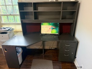Wood Desk 6 x 23 (34 to deepest part on the left side) x 29 High to desktop.  65 High to Top Shelf