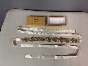 Yanstar Bridal, Gold Town Rhinestone and Pearl Wedding Sash (Beaded Portion is 18, Total Length 104)