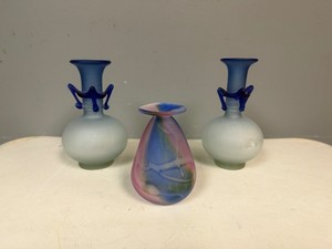Decorative Art Glass Vases  Two Larger Vases Cobalt Blue and Satin 7 14 Tall x 4 12 Wide. Smaller Multicolored Vase 5 Tall x 3 12 Wide
