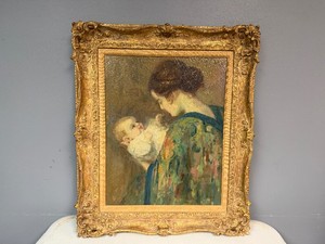 Late 19th Century or Early 20th Century Impressionist Oil Painting of Woman Gazing Tenderly at Infant in Ornate Frame, Signed LM Snell. 22.5 W x 26 T x 2 D