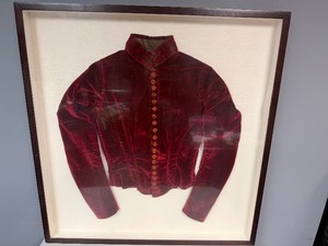Framed Shadow Box of Deep Burgandy Velvet Victorian Era Bodice Jacket (30 14 w x 31 12 t x 2 d)