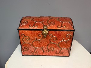 Decorative Red Metal Chest with a Domed Lid, Black Edges and Ornate Gold-Toned Front Clasp (17.5 wide x 13.75 tall x 12 deep)