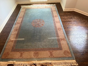 Chinese Design Throw Rug in Excellent Condition BlueTanBrown (66 x 110)