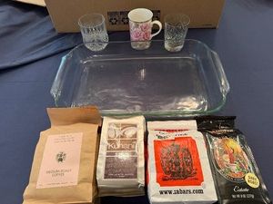 Four Bags Unopened Coffee and Coffee Beans, 4.8 Quart Pyrex Baking Dish, Royal Bone China Roses Coffee Mug, and Glasses