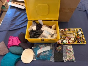 Sewing Kit  Bursting with Thread, Buttons, Decorative Buttons, Pins and much more (Case latch is broken)