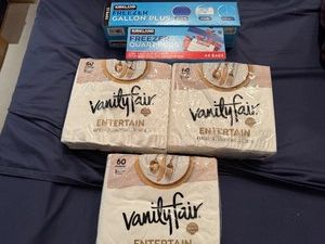 Kirkland Gallon Plus Freezer Bags 32 Count, Kirkland Quart Plus Freezer Bags 44 Count, Three 60 Count Packages Vanity Fair Entertain Napkins