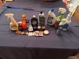 Shoe Polish, Shoe Sponge, Mitts, Cloths, Brush with Various Cleaning Supplies and Sprays (Cleaning supplies are half full or less)