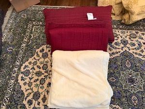 Hotel Collection King Size Burgandy Comforter, with Two Matching Pillows and Dan River Super Soft Cream-Colored Blanket (Queen Size)