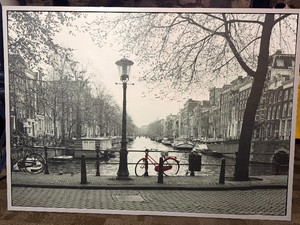 Vilshult Amsterdam Wall Art Print, Featuring Black-and-White Canal Photograph with a Striking Red Bike (55.5 x39.5 x 1)