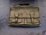 Vintage Black Leather Coach Briefcase (in very good to excellent condition) with Dual Front Flap Pockets and Gold-Tone Turn-Lock Closures