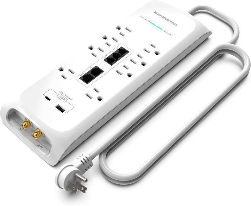 Monster Power Surge Protector w 4,050 Jules - 8 Outlets, USB-A & USB-C,(6FT Cord, White)