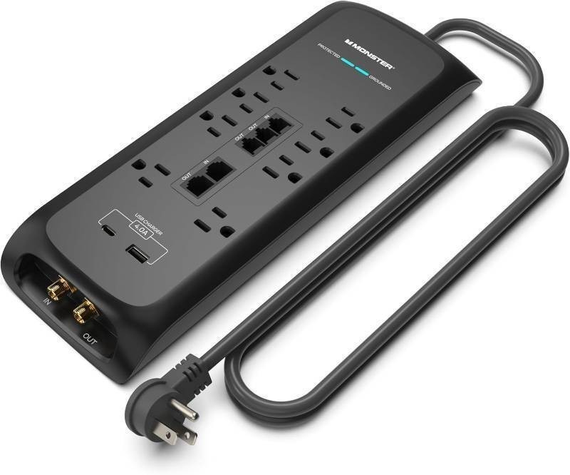 Monster Power Surge Protector w 4,050 Jules - 8 Outlets, USB-A & USB-C,(6FT Cord, Black)
