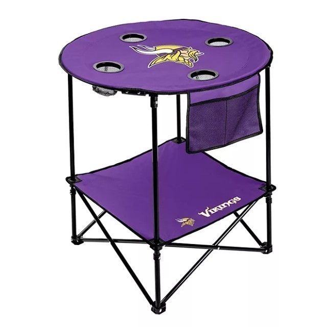 NEW Logo Brands NFL 27.6 XL Round Tailgate Table with Bottom Shelf - Minnesota Vikings