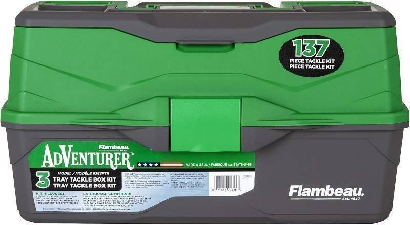 NEW Flambeau Outdoors 6383FTK Adventurer 3-Tray Tackle Box Kit, Complete Starter Fishing Tackle Kit with Hooks, Bobbers, Stringer, and More, Green