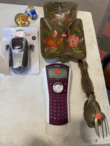 Vintage Silverware, Pocket Radio, P-Touch Label Maker, & Marbles