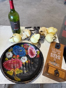 Vintage Plate, Bottle Opener, Skull Decor, & Wine Bottle