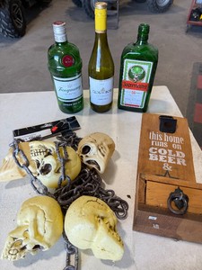 Glass Liquor Bottles, Skull Decor & Bottle Opener