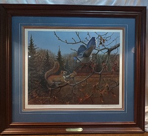 Red Squirrel & Bluejay framed print by Owen J. Gromme