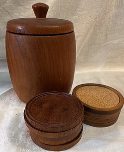 Mid-Century Wood Jar with Coasters and a pair of Bookends