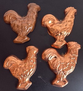 Four Vintage Copper Rooster Molds